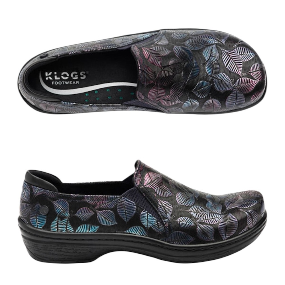 Klogs Moxy Blue/Purple Leaves Leather‎ Slip On Clogs Size 9 Comfort Doctor Nurse